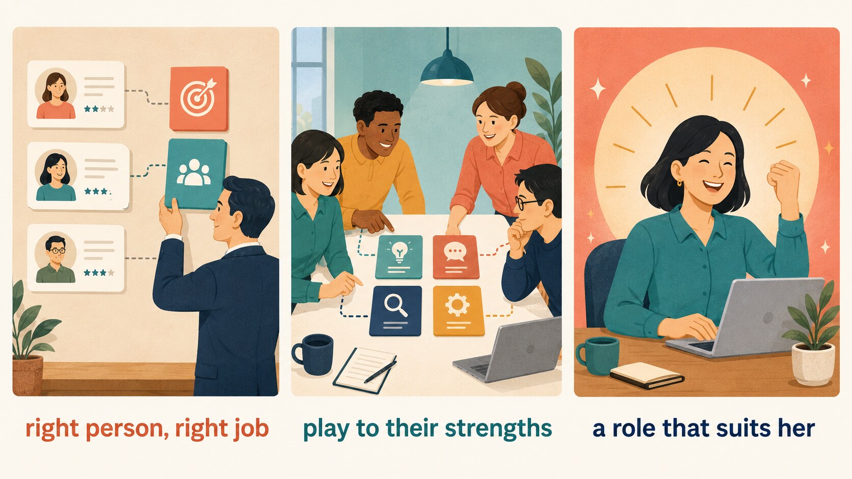 適材適所を right person right job、play to their strengths、a role that suits her で表すイラスト