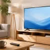 明るいリビングに置かれたテレビとリモコン