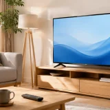 明るいリビングに置かれたテレビとリモコン