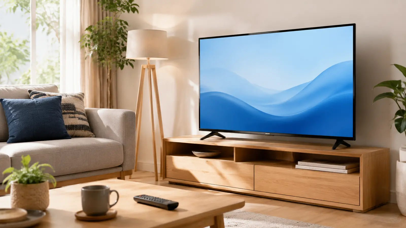 明るいリビングに置かれたテレビとリモコン