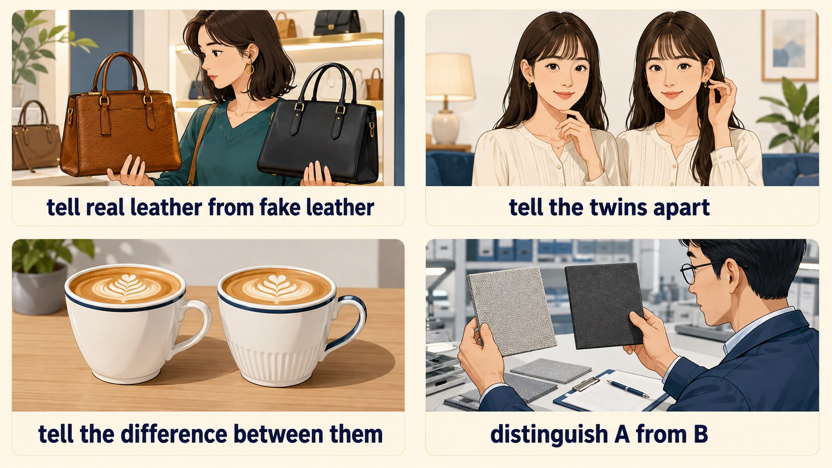 tell real leather from fake leather・tell the twins apart・tell the difference between them・distinguish A from Bの比較図