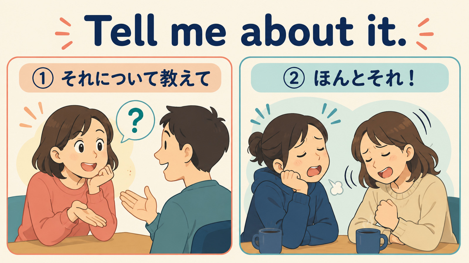 Tell me about it. のそれについて教えてとほんとそれの2つの意味