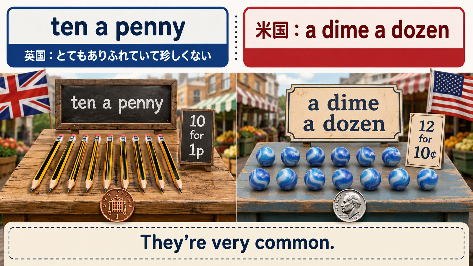 英国のten a pennyと米国のa dime a dozenを比較するイラスト