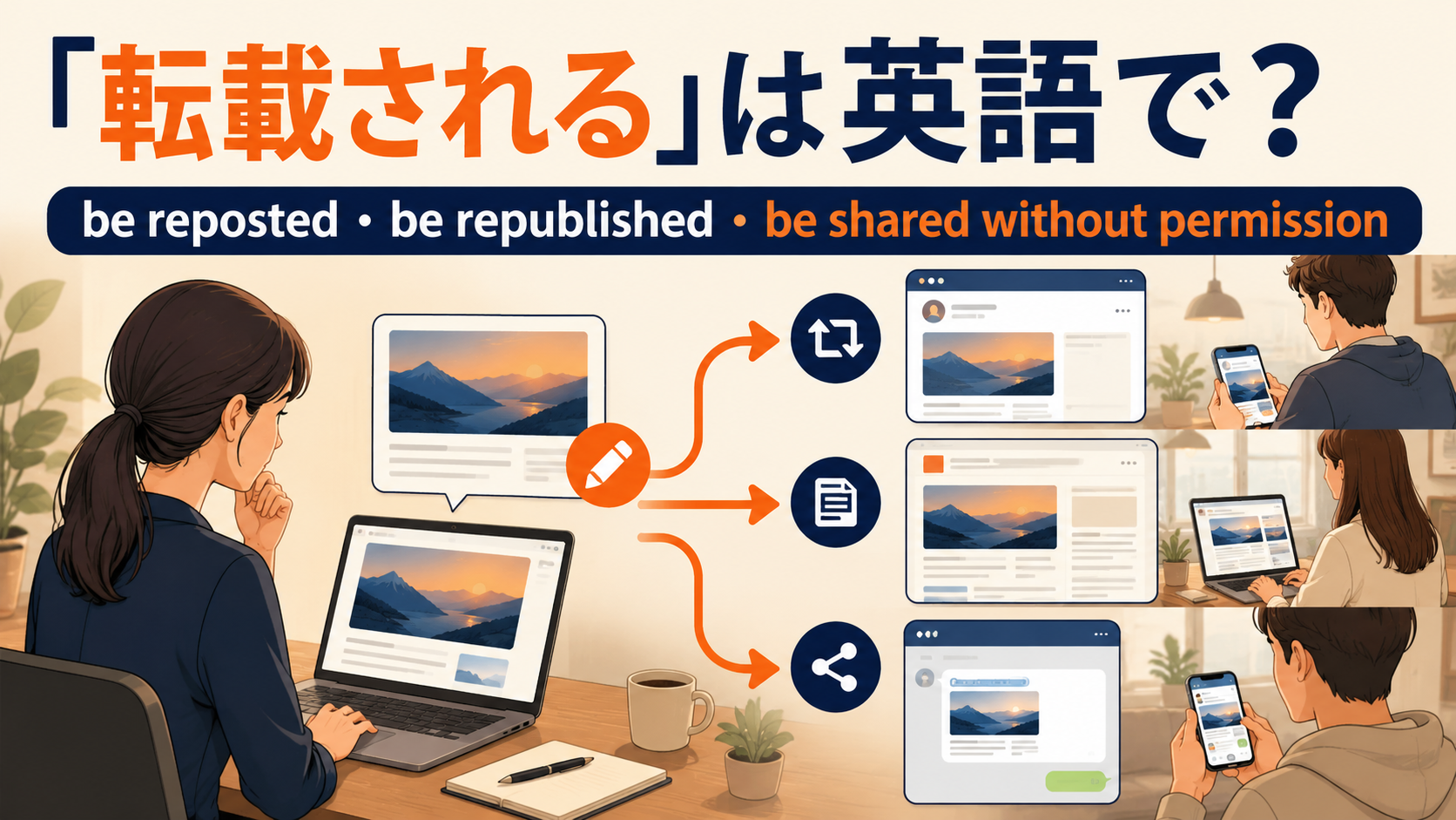 転載されるは英語で？be reposted・be republished・be shared without permissionの違い