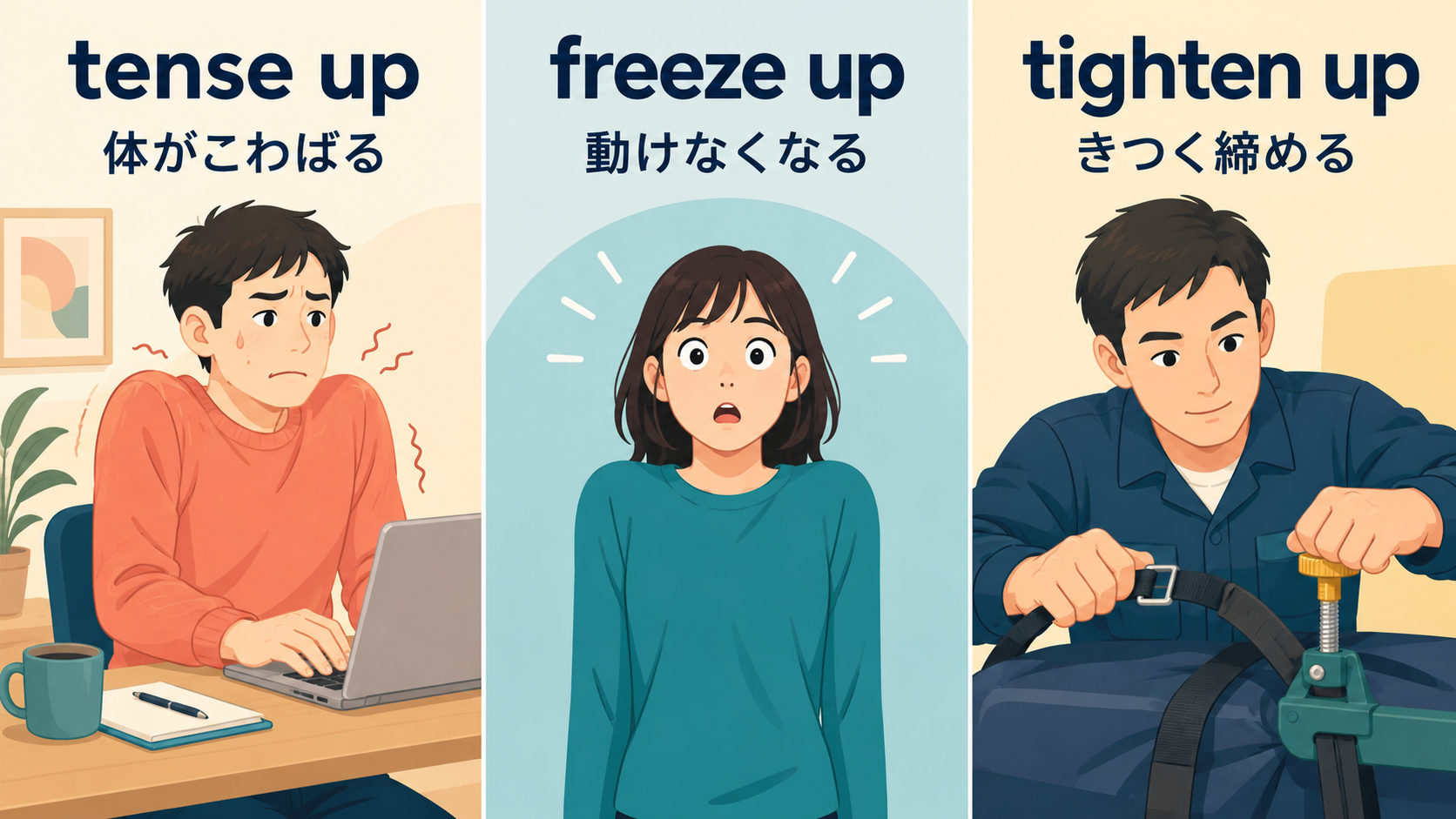 tense up、freeze up、tighten upのニュアンスの違い