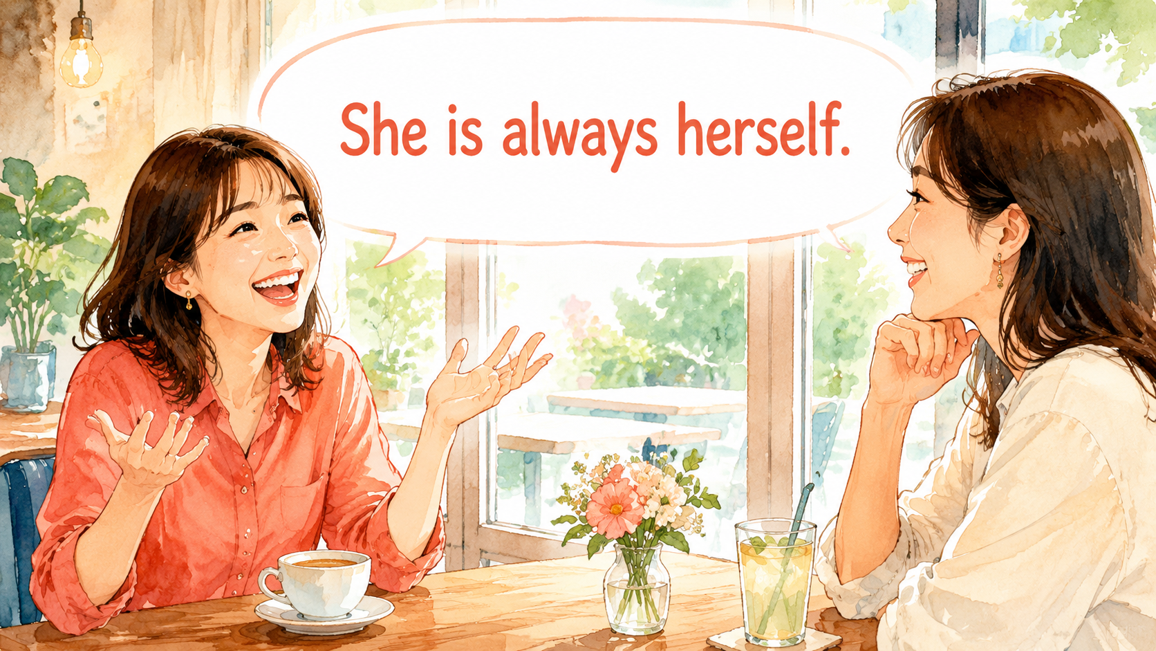 She is always herself.で天真爛漫を表す英語イラスト