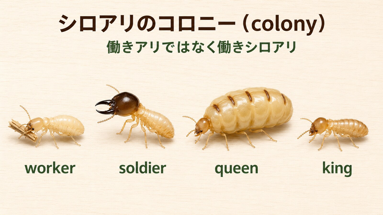 シロアリのコロニーを構成するworker・soldier・queen・kingの役割を示す図