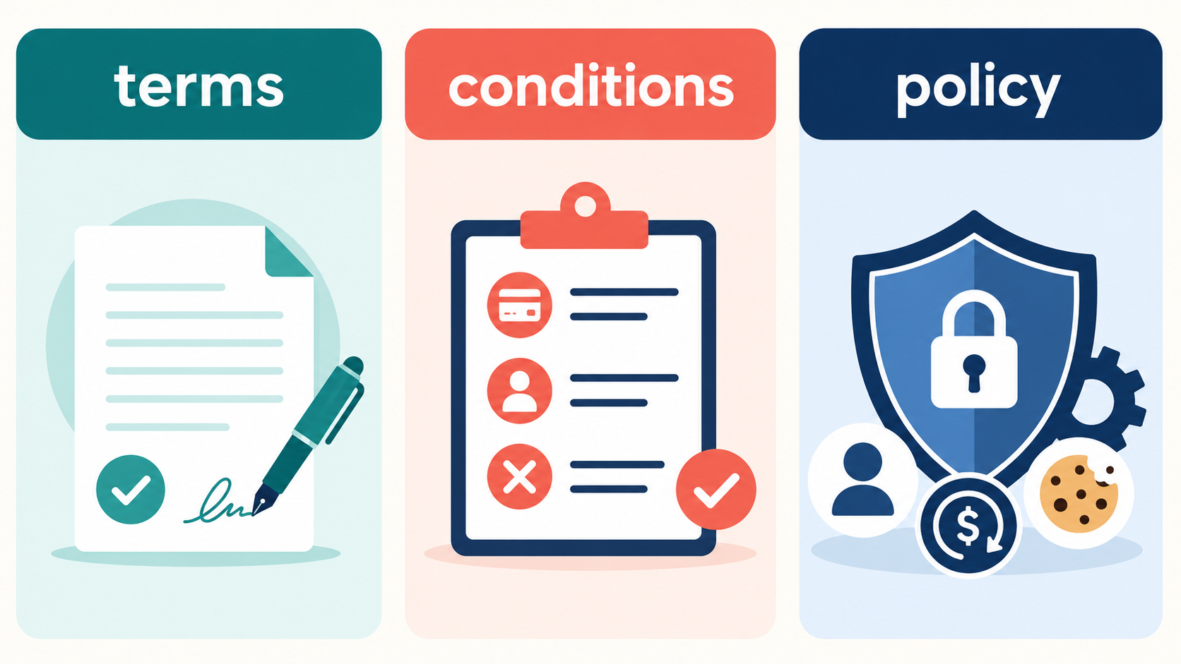 terms、conditions、policyの違いを示す比較図