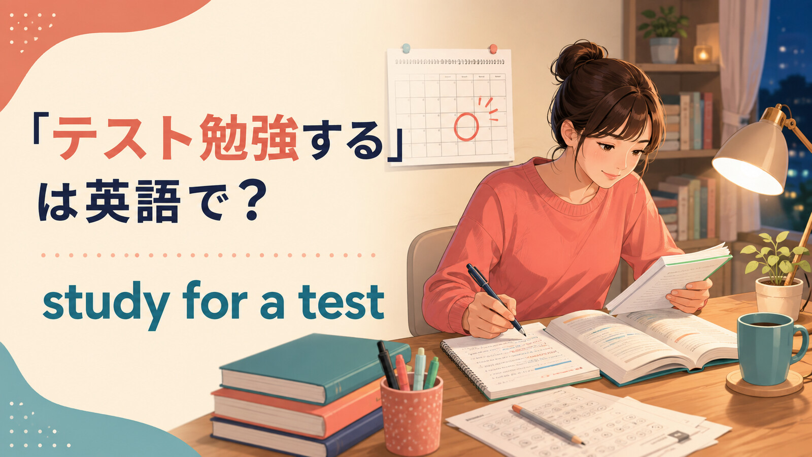 「テスト勉強する」は英語でstudy for a testと説明する学習者のイラスト