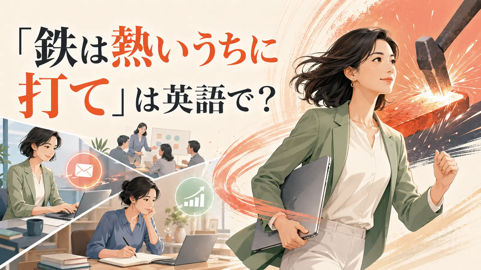 「鉄は熱いうちに打て」は英語で?好機を逃さず行動する女性のイラスト