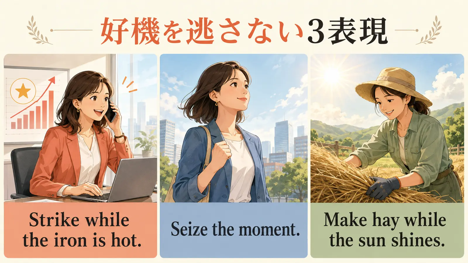 好機を逃さず行動する英語3表現のまとめイラスト