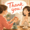 カフェでプレゼントを受け取り英語でThank youと感謝を伝える女性