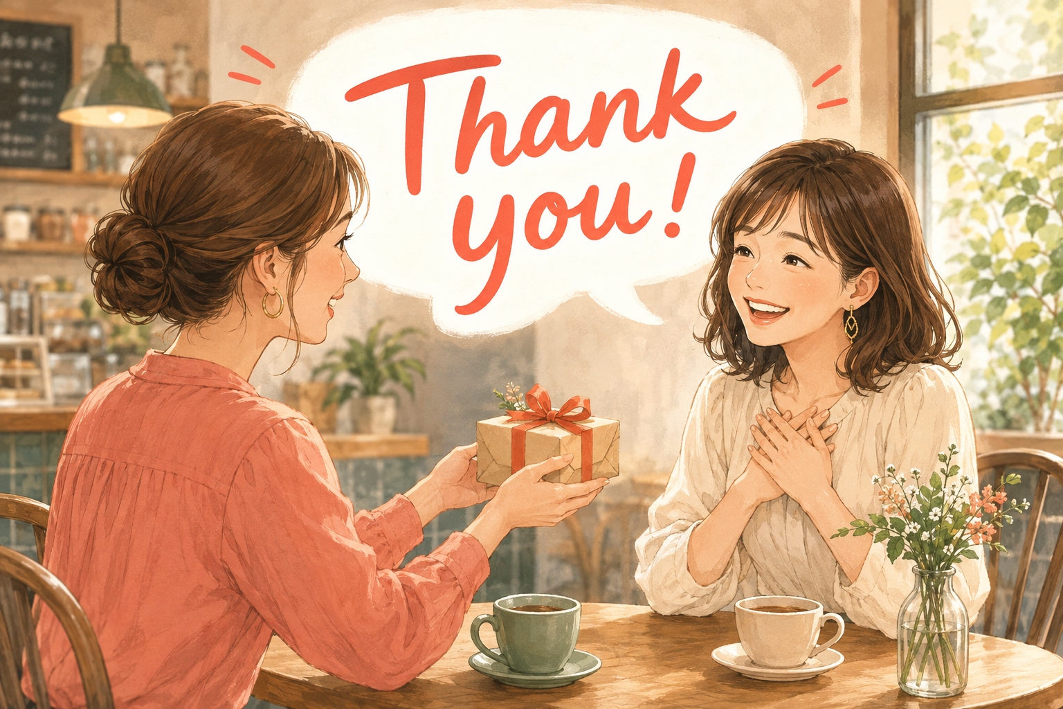 カフェでプレゼントを受け取り英語でThank youと感謝を伝える女性