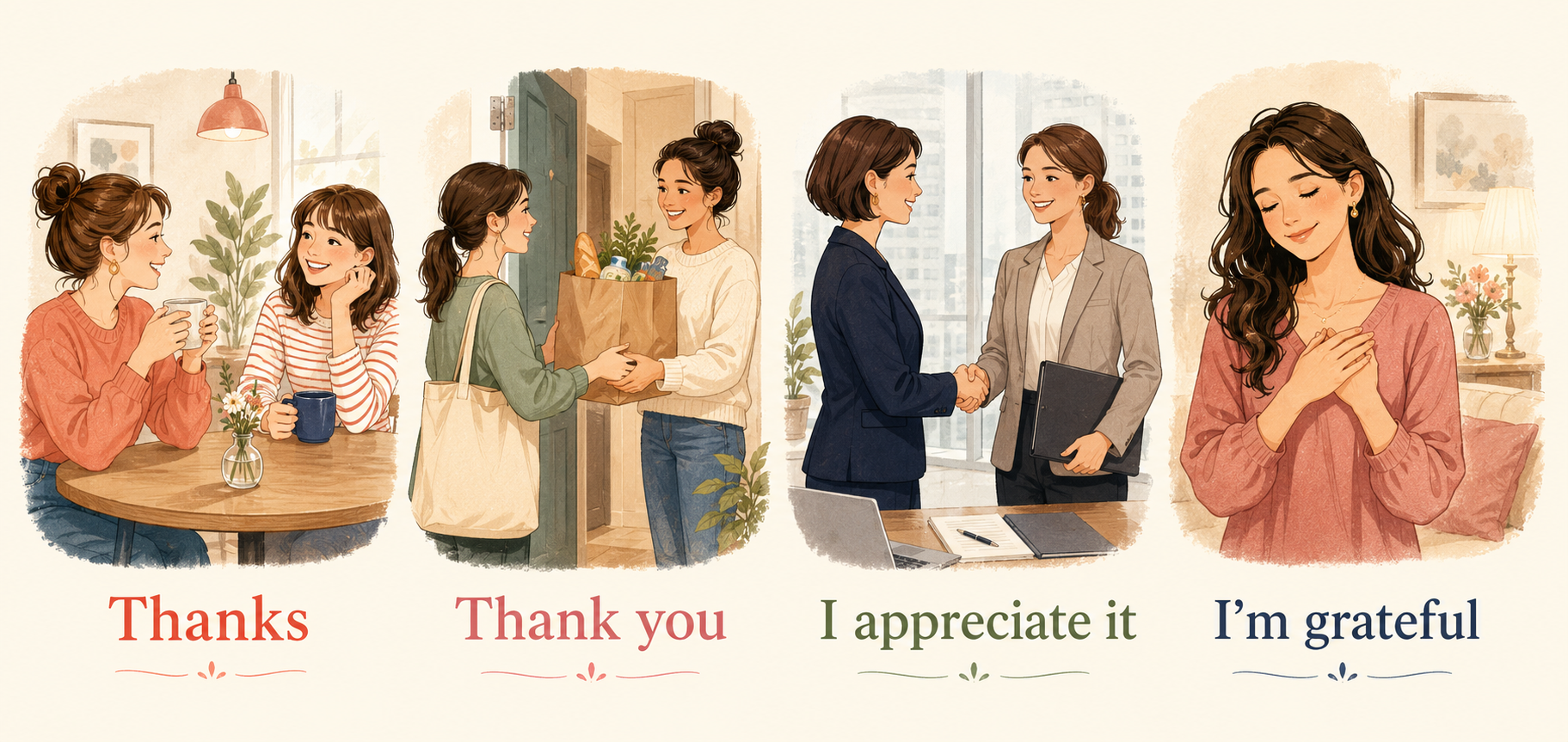 Thanks、Thank you、I appreciate it、I'm gratefulの違いを表すイラスト