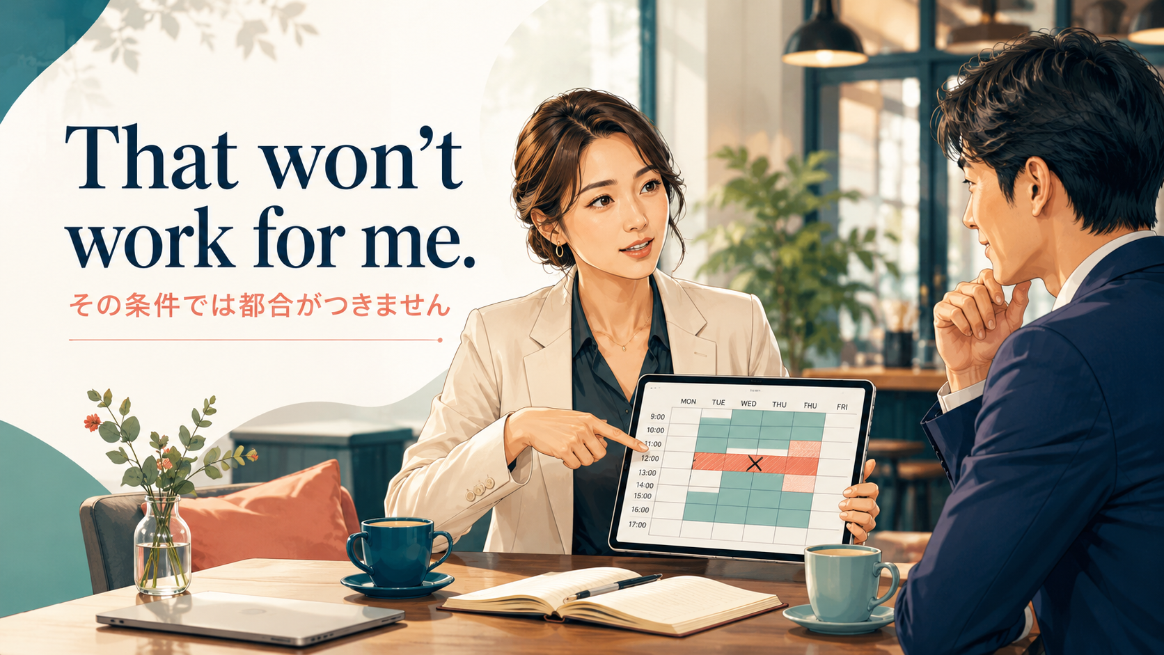 That won’t work for me. その条件では都合がつきませんと伝える英語