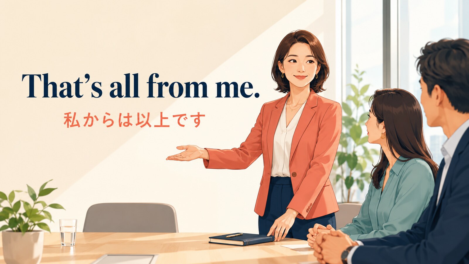 That’s all from me.と会議で自分の発言を終えて次の人へ渡す場面