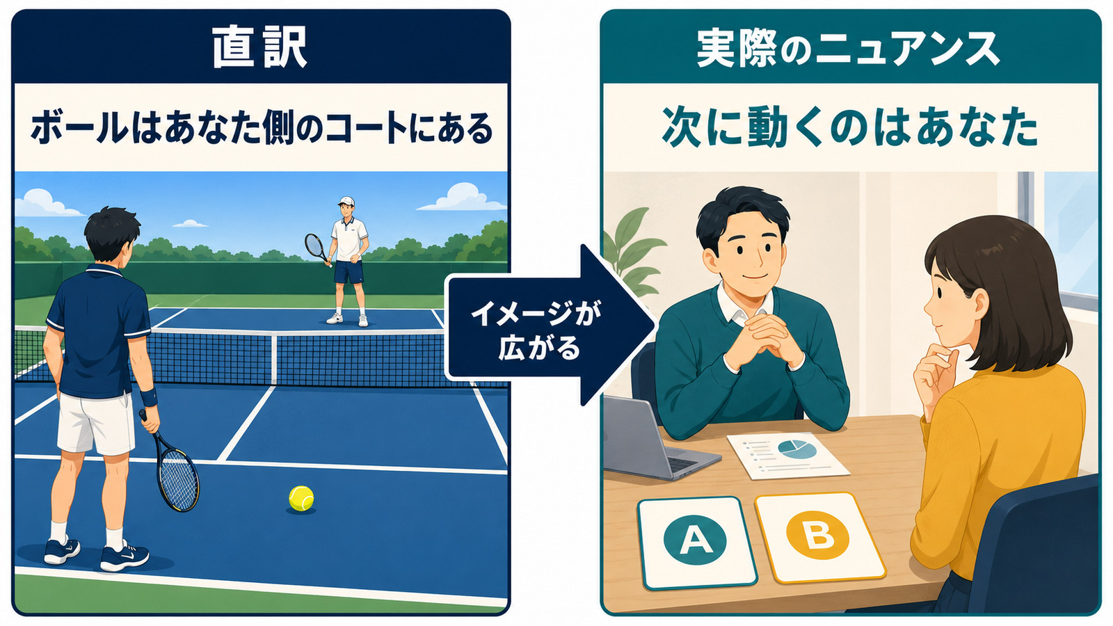 the ball is in your courtの直訳「ボールはあなた側のコートにある」から「次に動くのはあなた」へのニュアンスを比較したイラスト