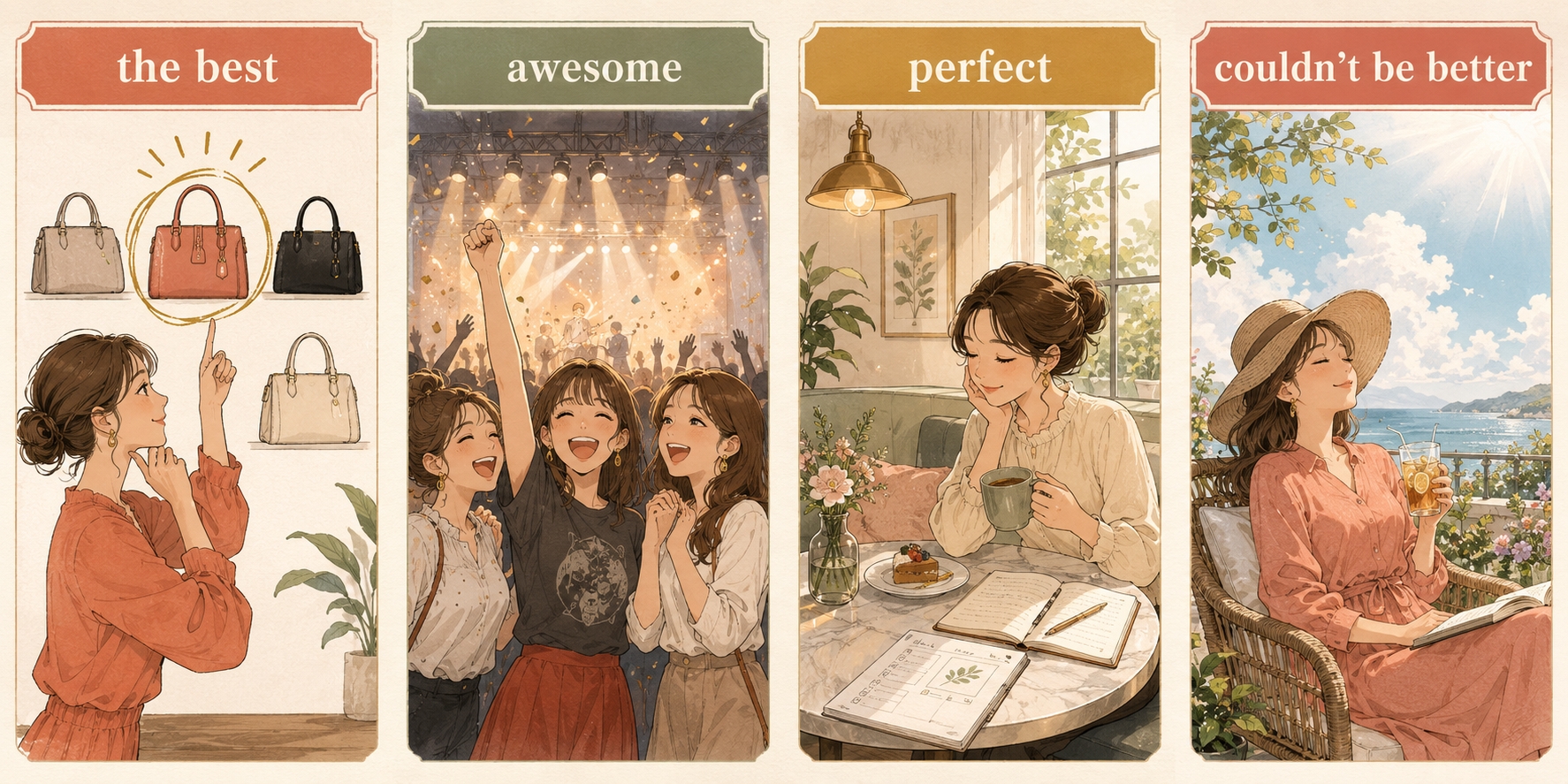 the best、awesome、perfect、couldn't be betterのニュアンスを表した4つの場面