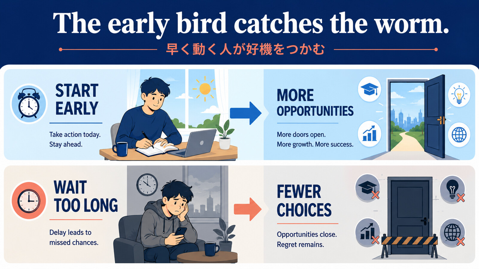 早く動く人が好機をつかむ意味の解説図