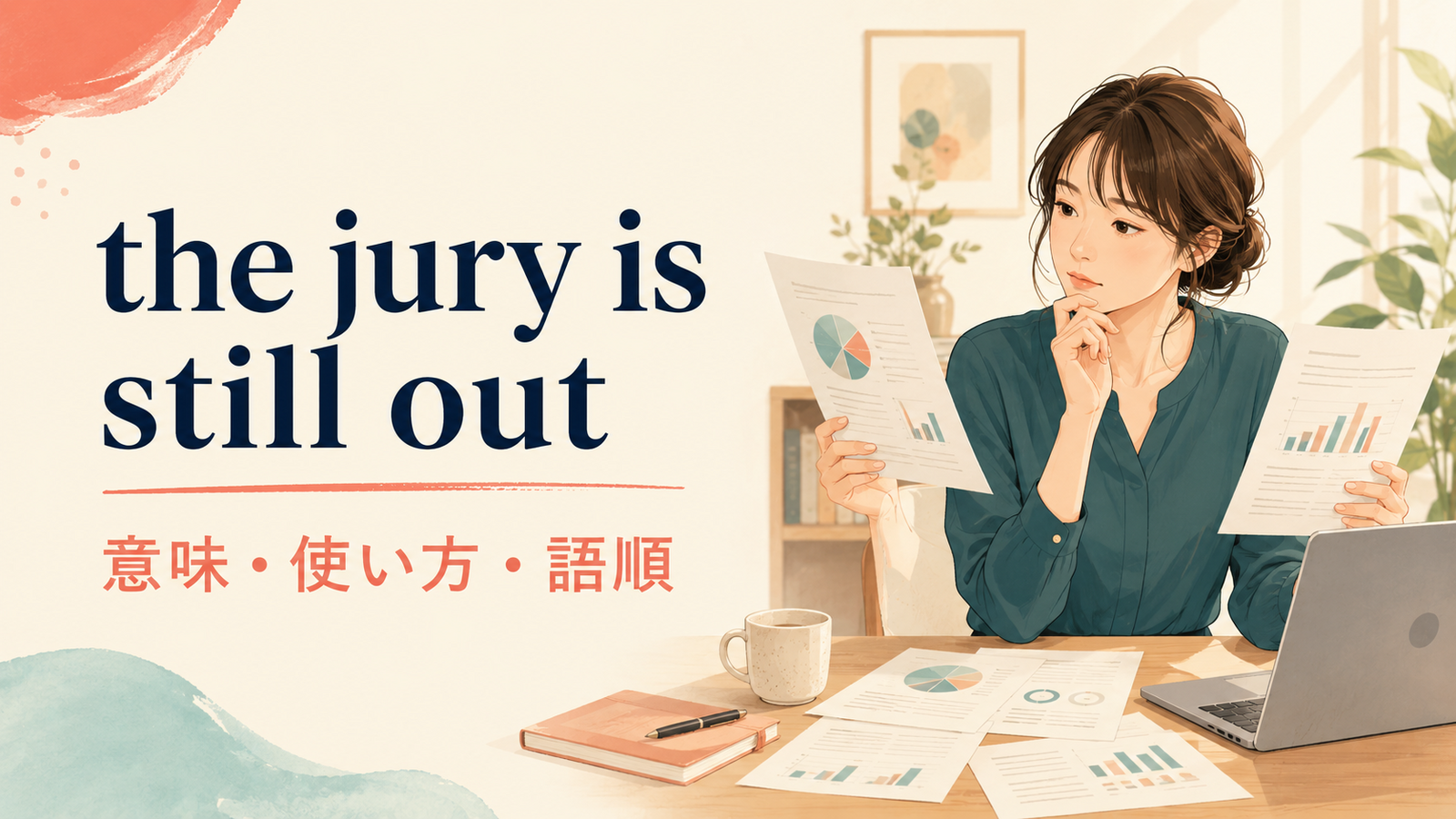 the jury is still outの意味・使い方・ニュアンスを解説するアイキャッチ