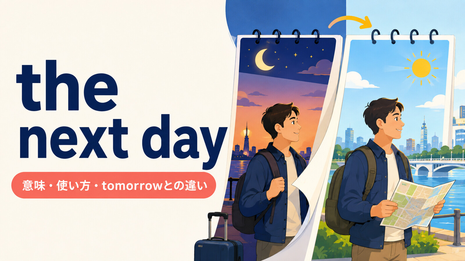 the next dayの意味・使い方・tomorrowとの違いを解説するアイキャッチ画像