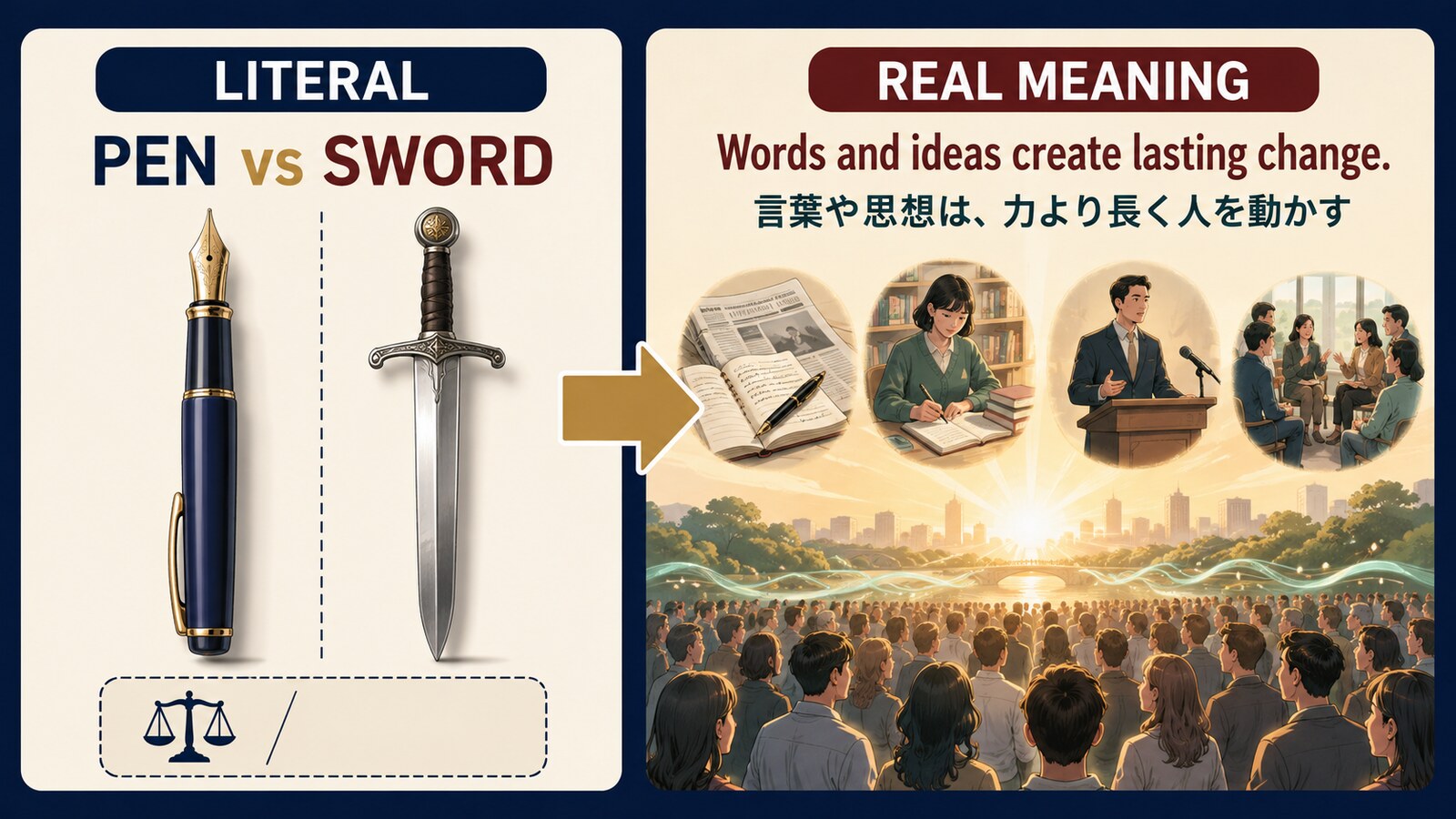 ペンと剣の直訳から言葉や思想の影響力を示すThe pen is mightier than the swordの比較イラスト