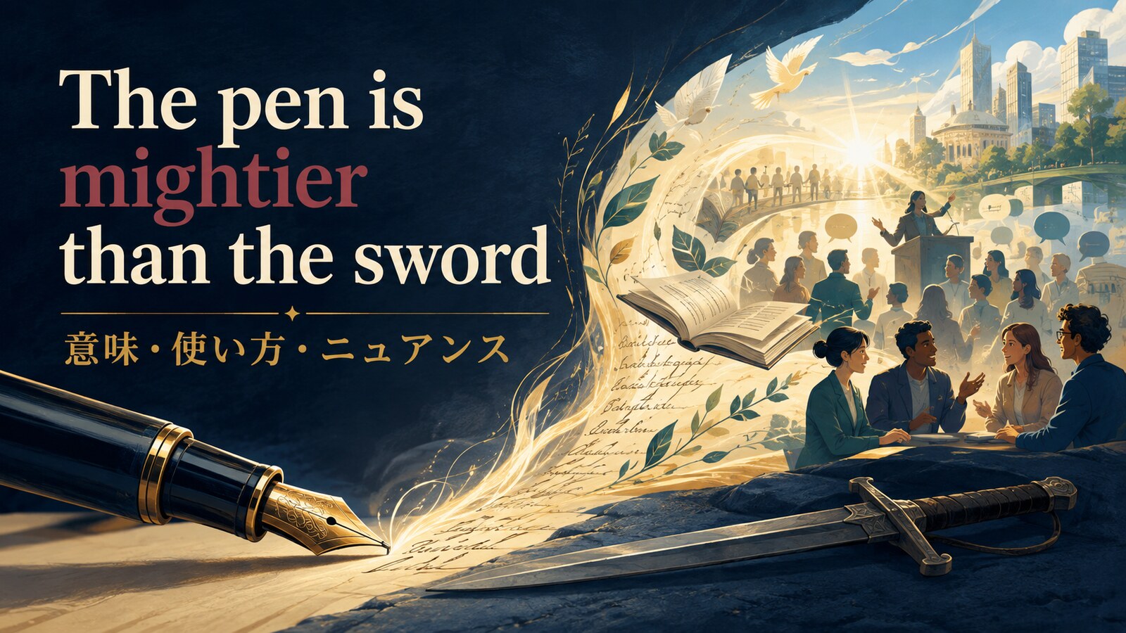 The pen is mightier than the swordの意味・使い方・ニュアンスを解説するアイキャッチ画像