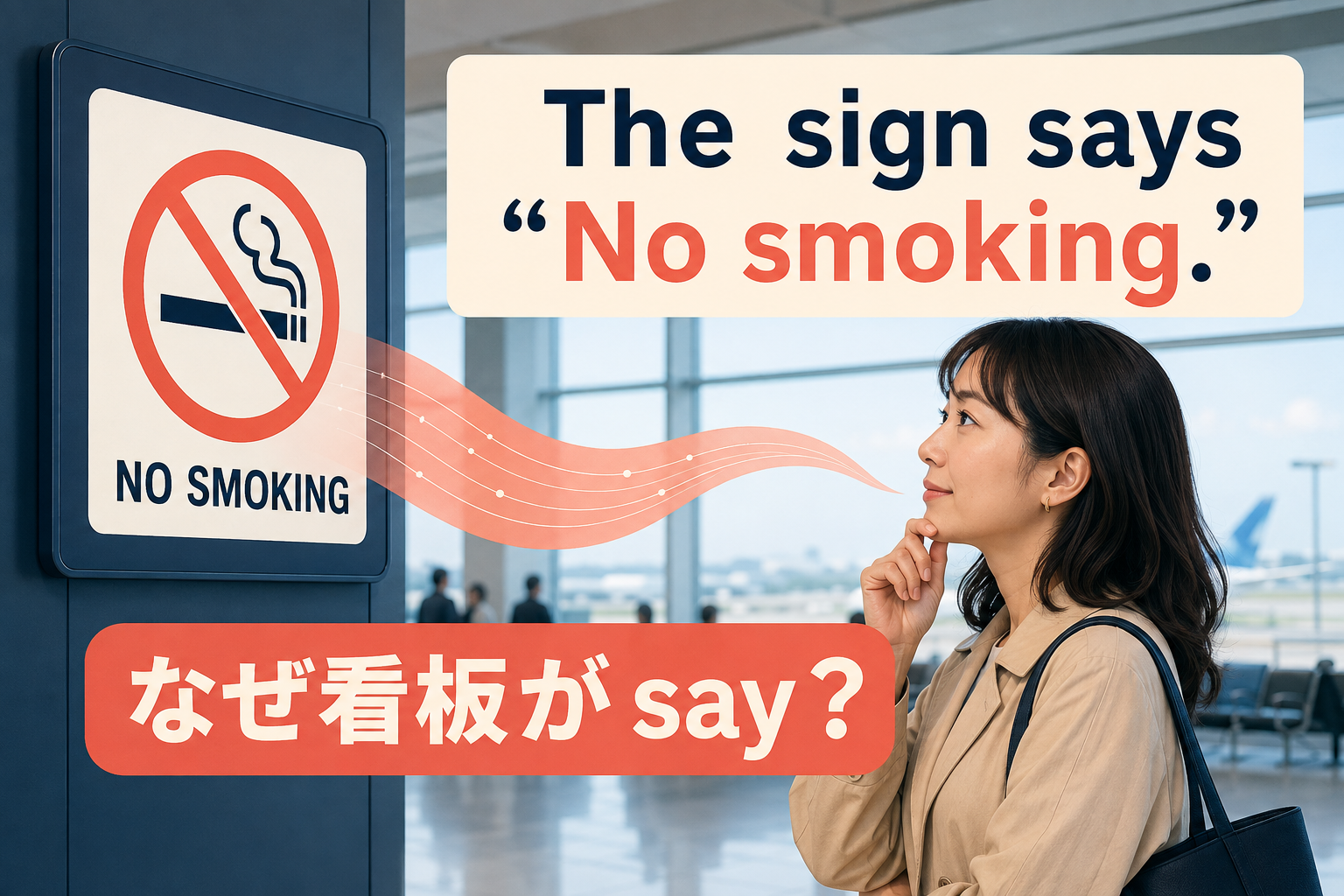 The sign says No smoking.で看板がsayの主語になる理由を示すアイキャッチ画像