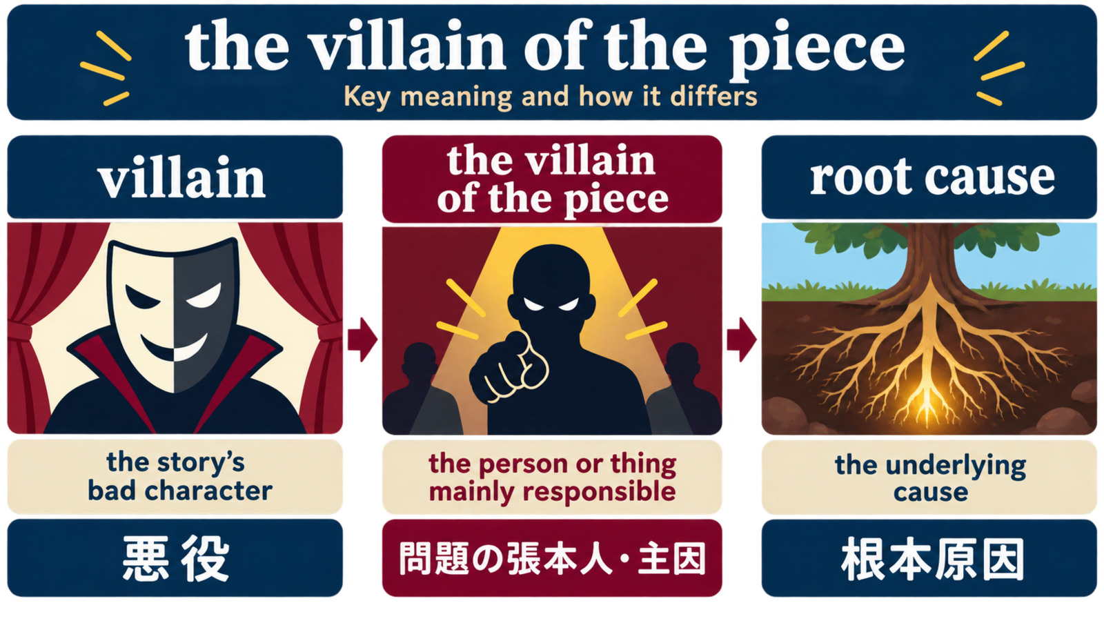 villain、the villain of the piece、root causeの違いを示す解説イラスト