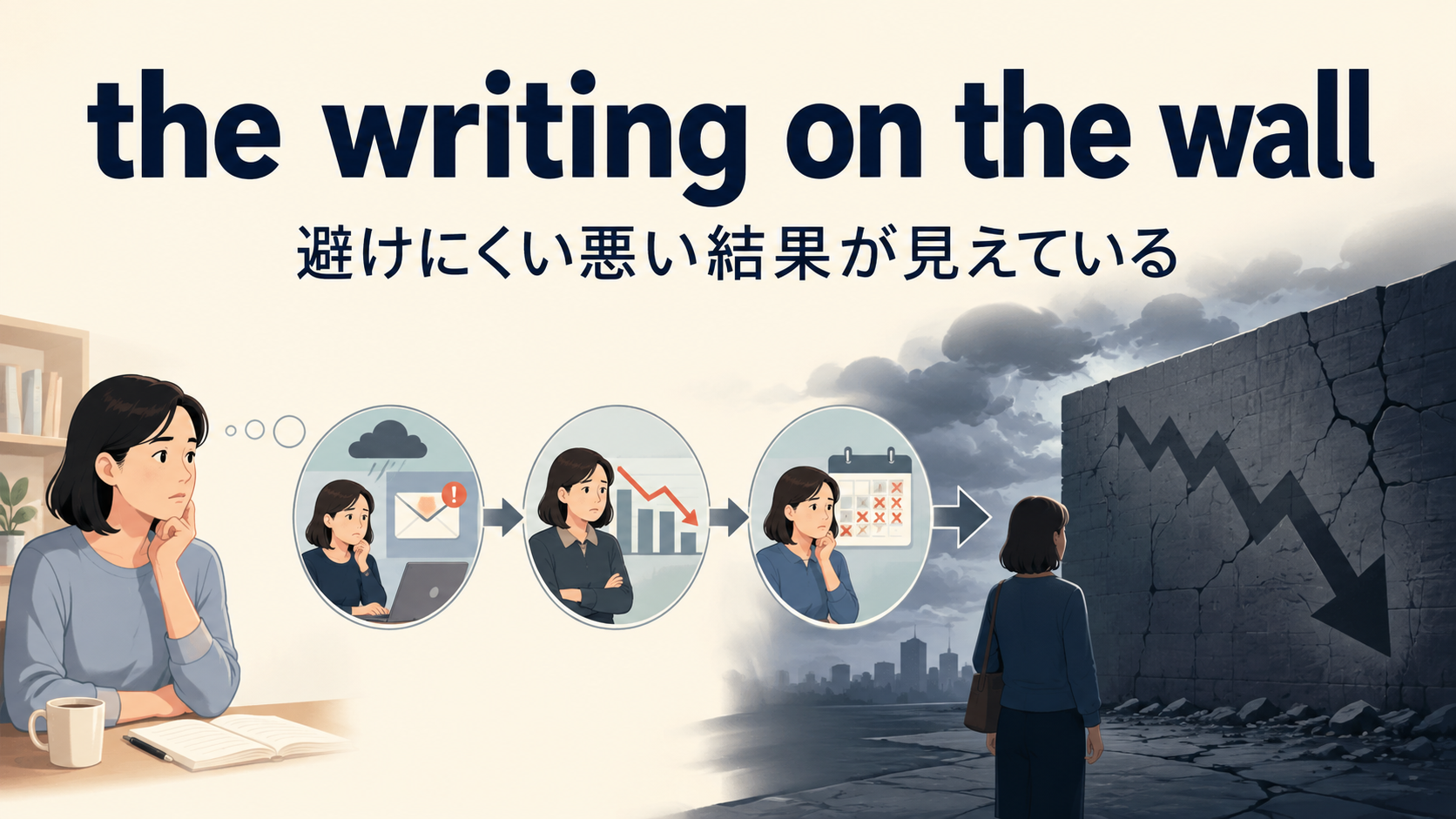 the writing on the wallの比喩とニュアンスを示す解説イラスト