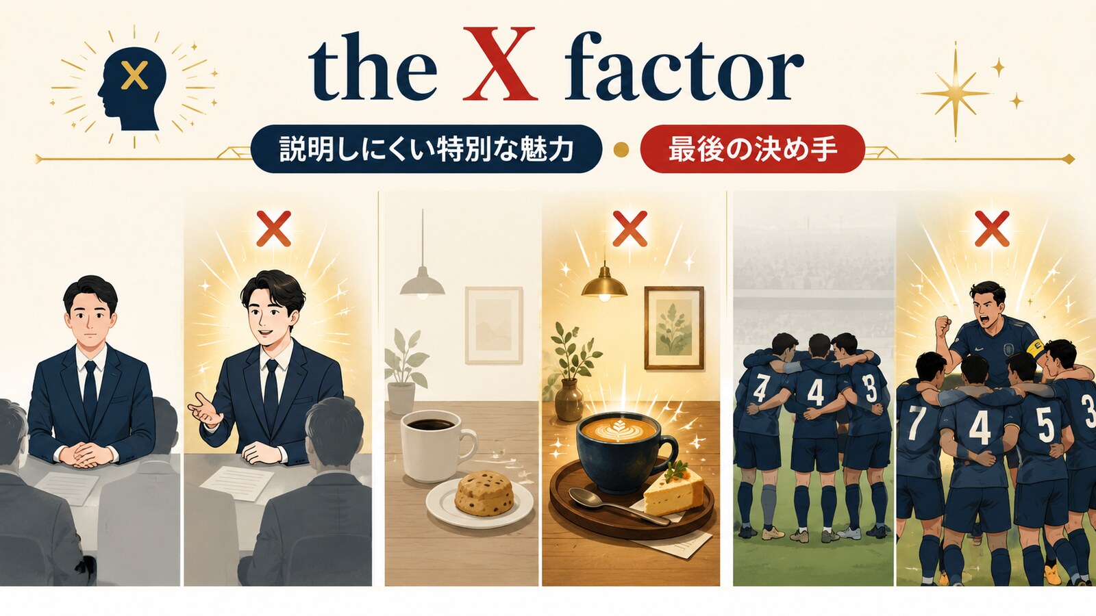 the X factorが人・店・チームの説明しにくい特別な魅力や決め手を表す図