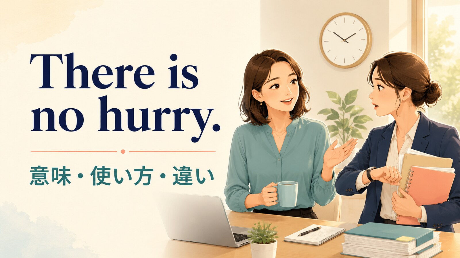 There is no hurry.の意味・使い方・違いを解説するアイキャッチ画像