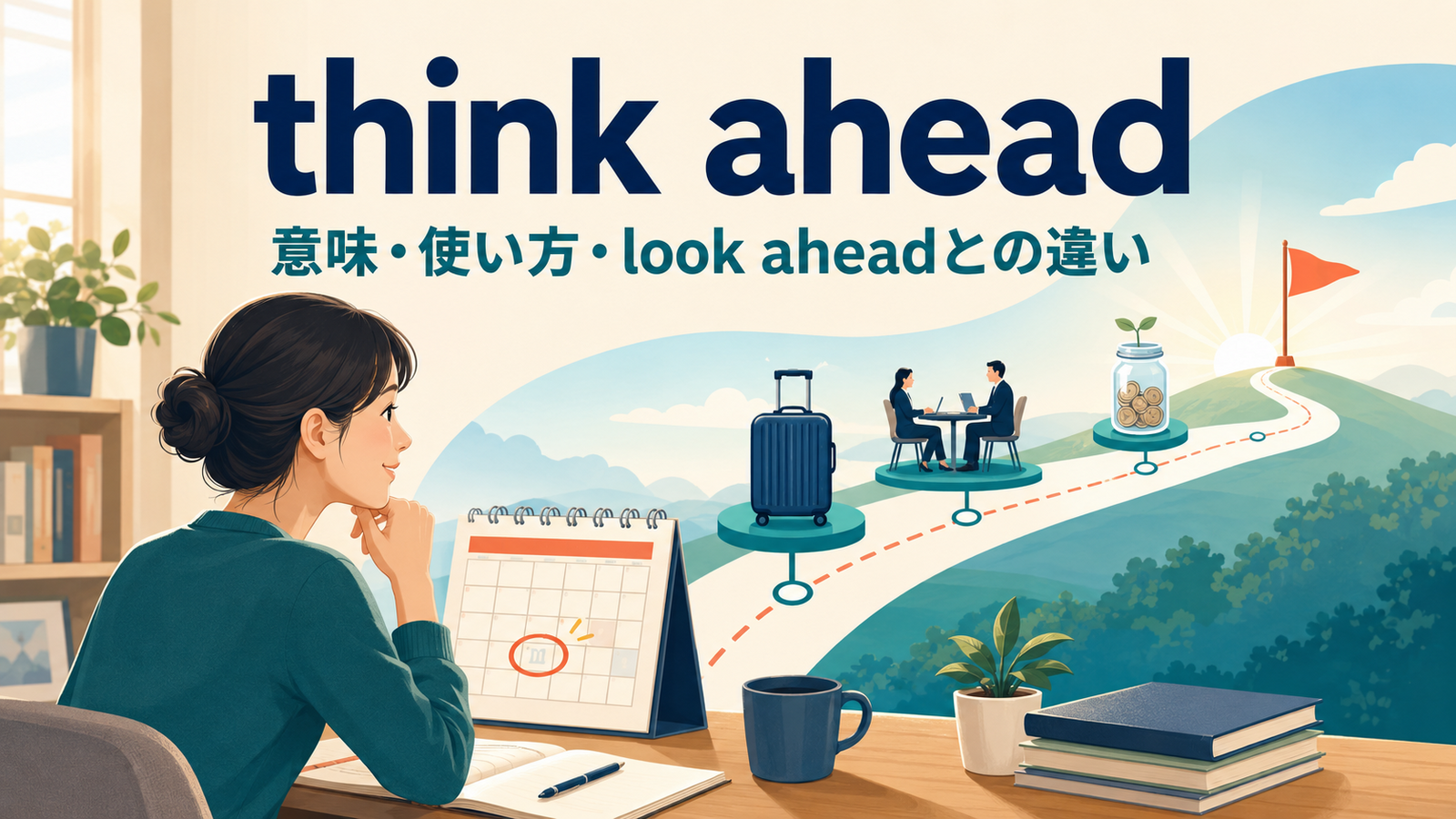 think aheadの意味・使い方・look aheadとの違いを解説するアイキャッチ画像