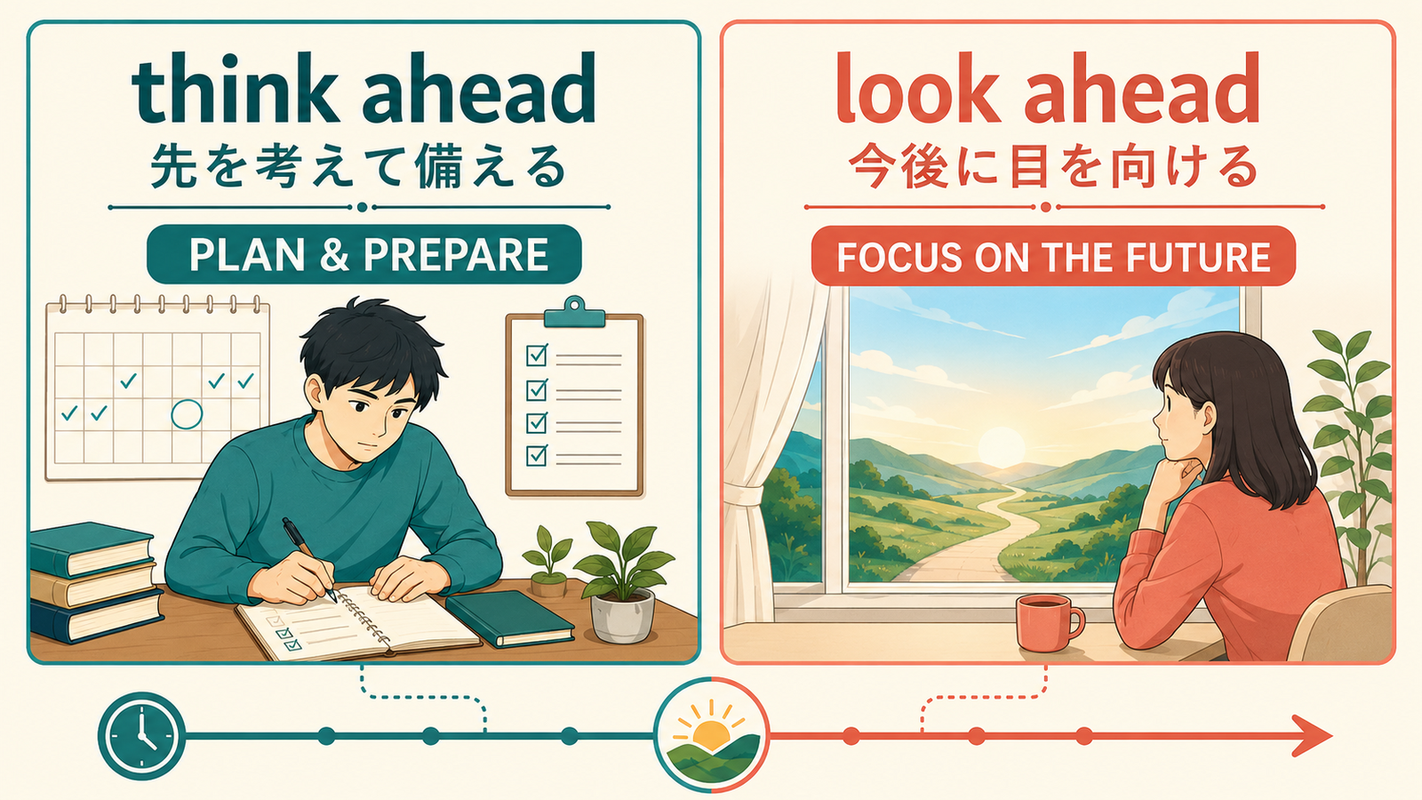 think aheadは先を考えて備える、look aheadは今後に目を向けるという違い