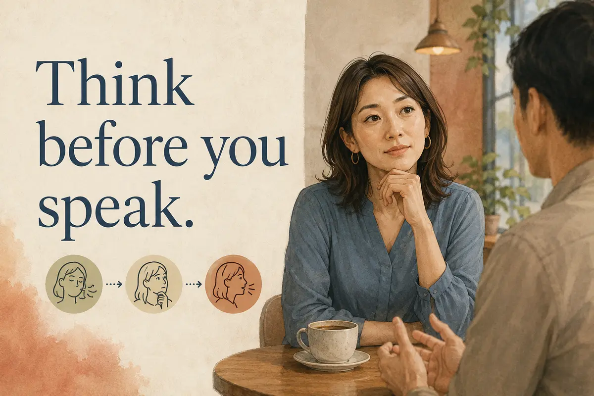 Think before you speak. 話す前に考える女性の初心者向け英語イラスト