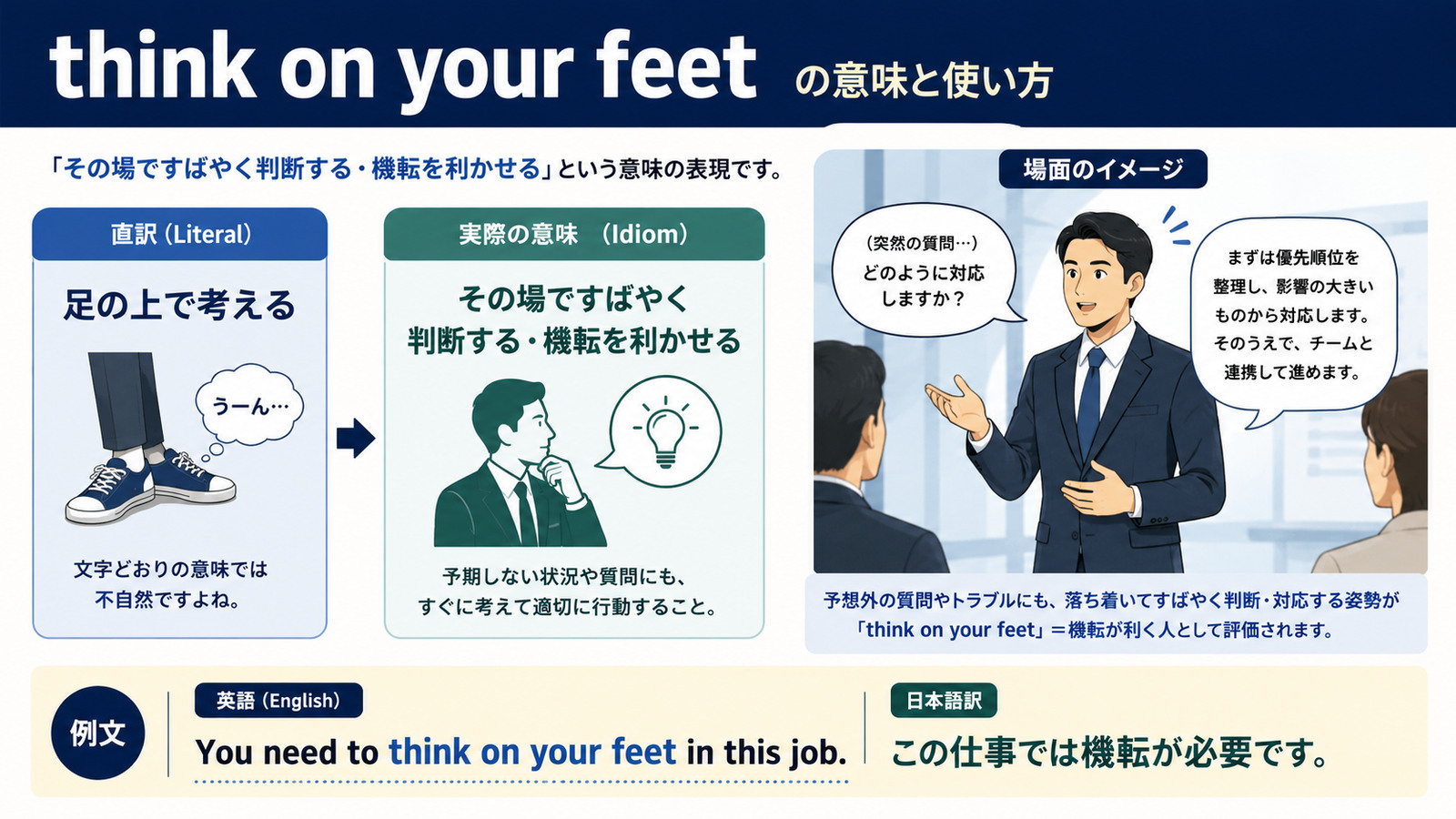 think on your feetの直訳と実際のニュアンスを比較する本文イラスト