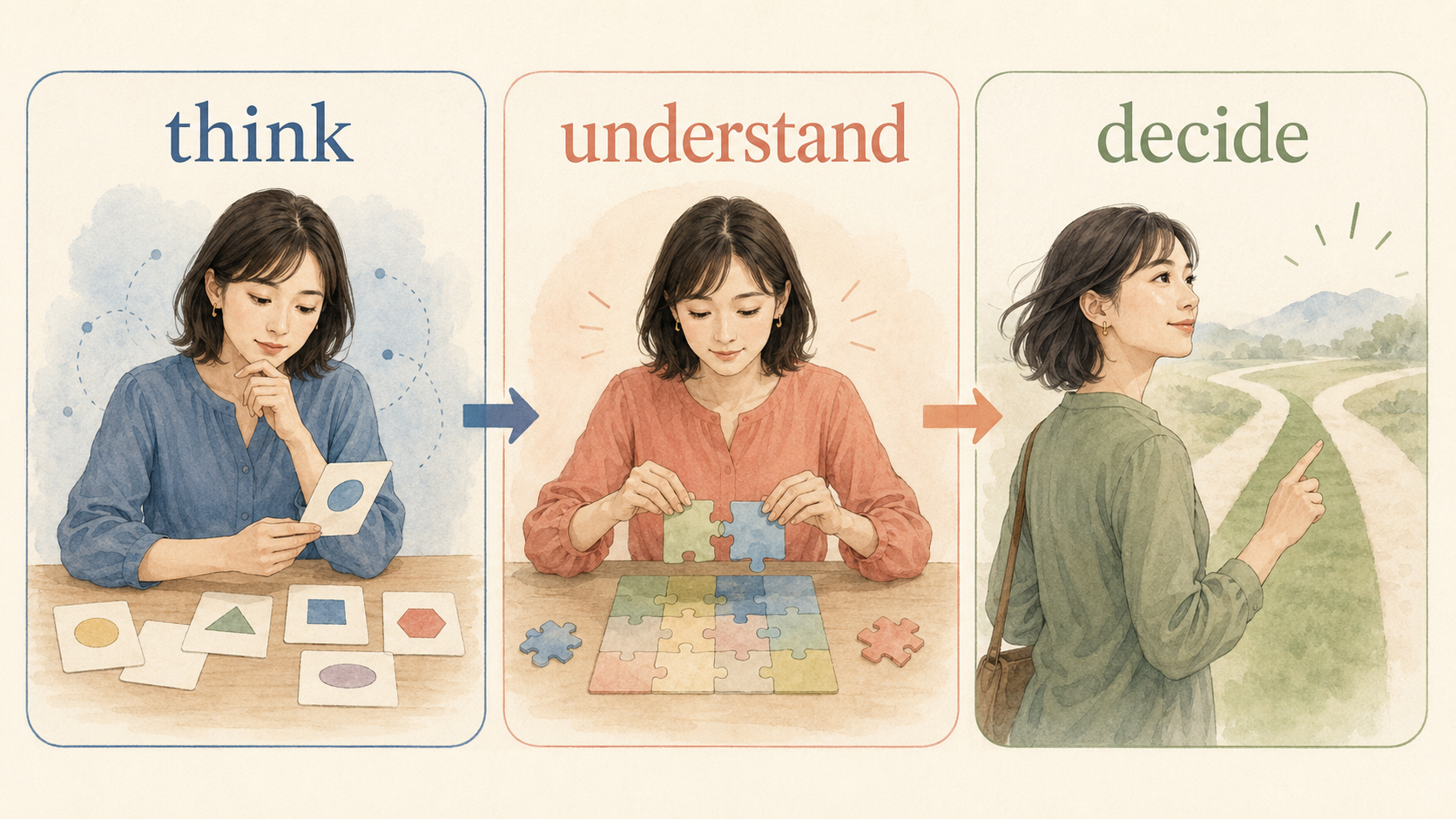think・understand・decideの違いを3段階で示すイラスト
