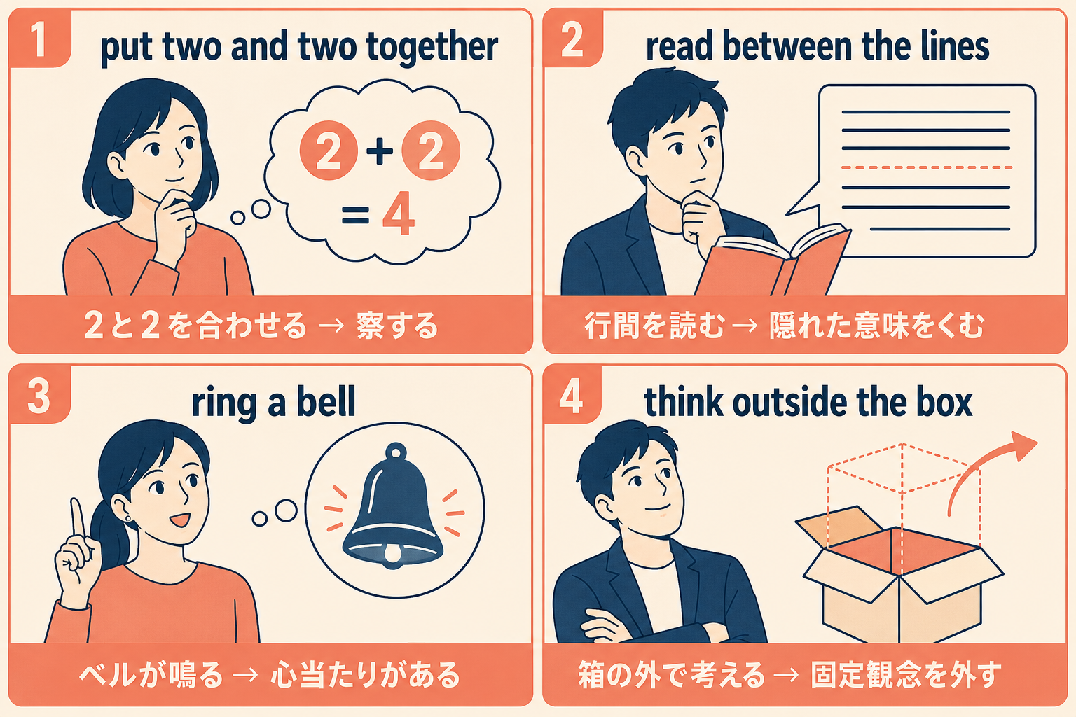 put two and two together、read between the lines、ring a bell、think outside the boxの直訳と意味