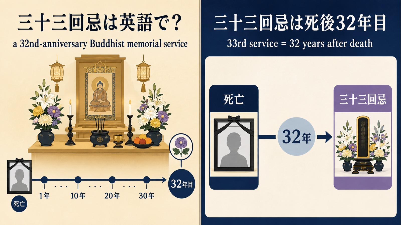 「三十三回忌」は英語で？a 32nd-anniversary Buddhist memorial serviceの意味・使い方・文化差と例文