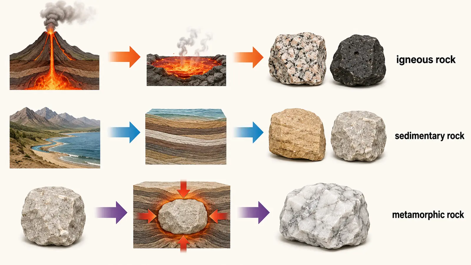 igneous rock、sedimentary rock、metamorphic rockの違いを示す解説図