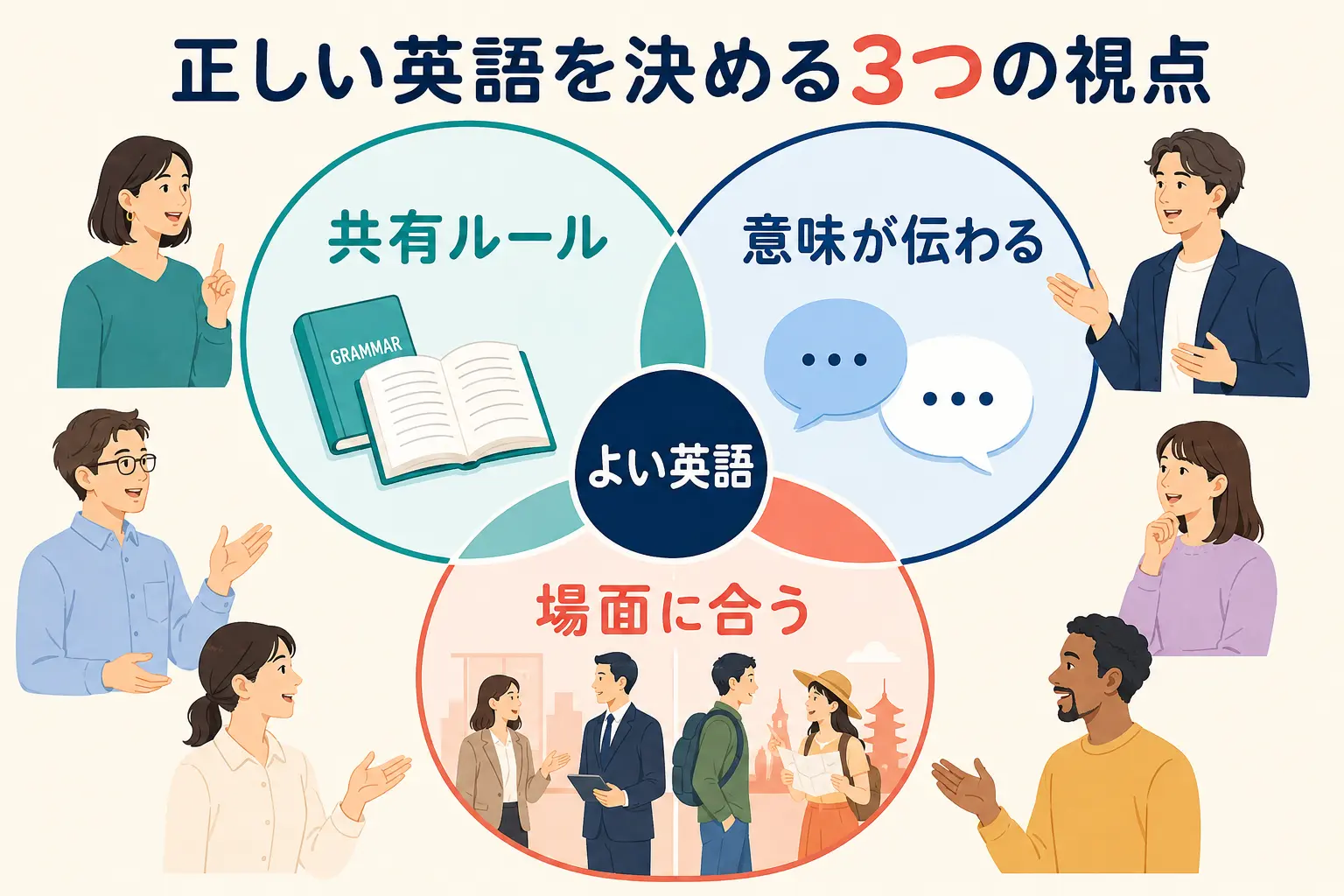 正しい英語を共有ルール・意味が伝わる・場面に合うの3視点で示す図解