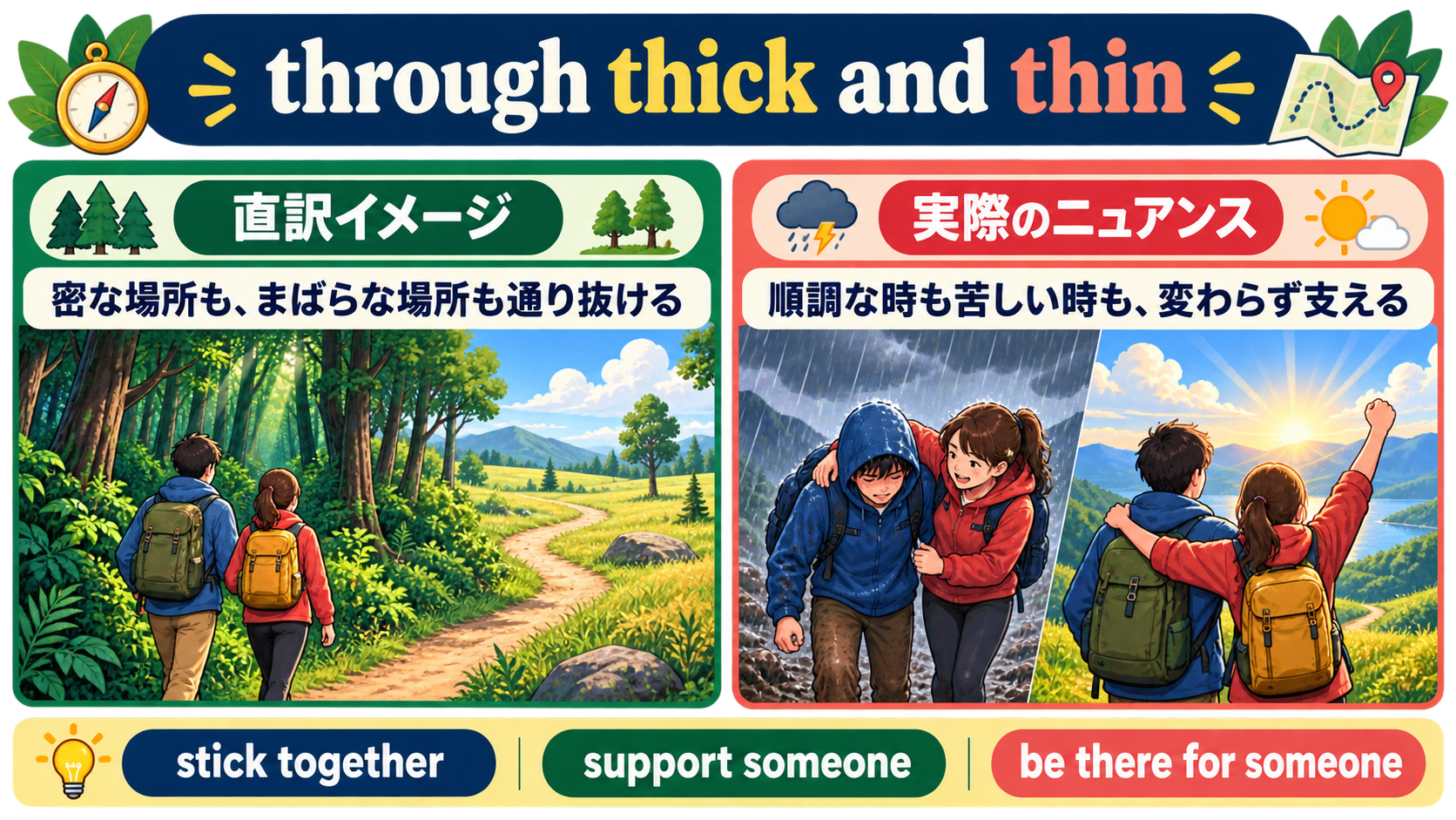 through thick and thinの直訳イメージと実際のニュアンスの比較