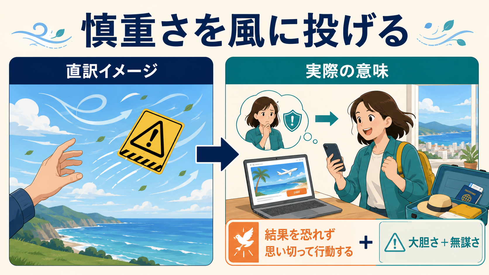 throw caution to the windの直訳イメージと実際の意味を比較した解説図
