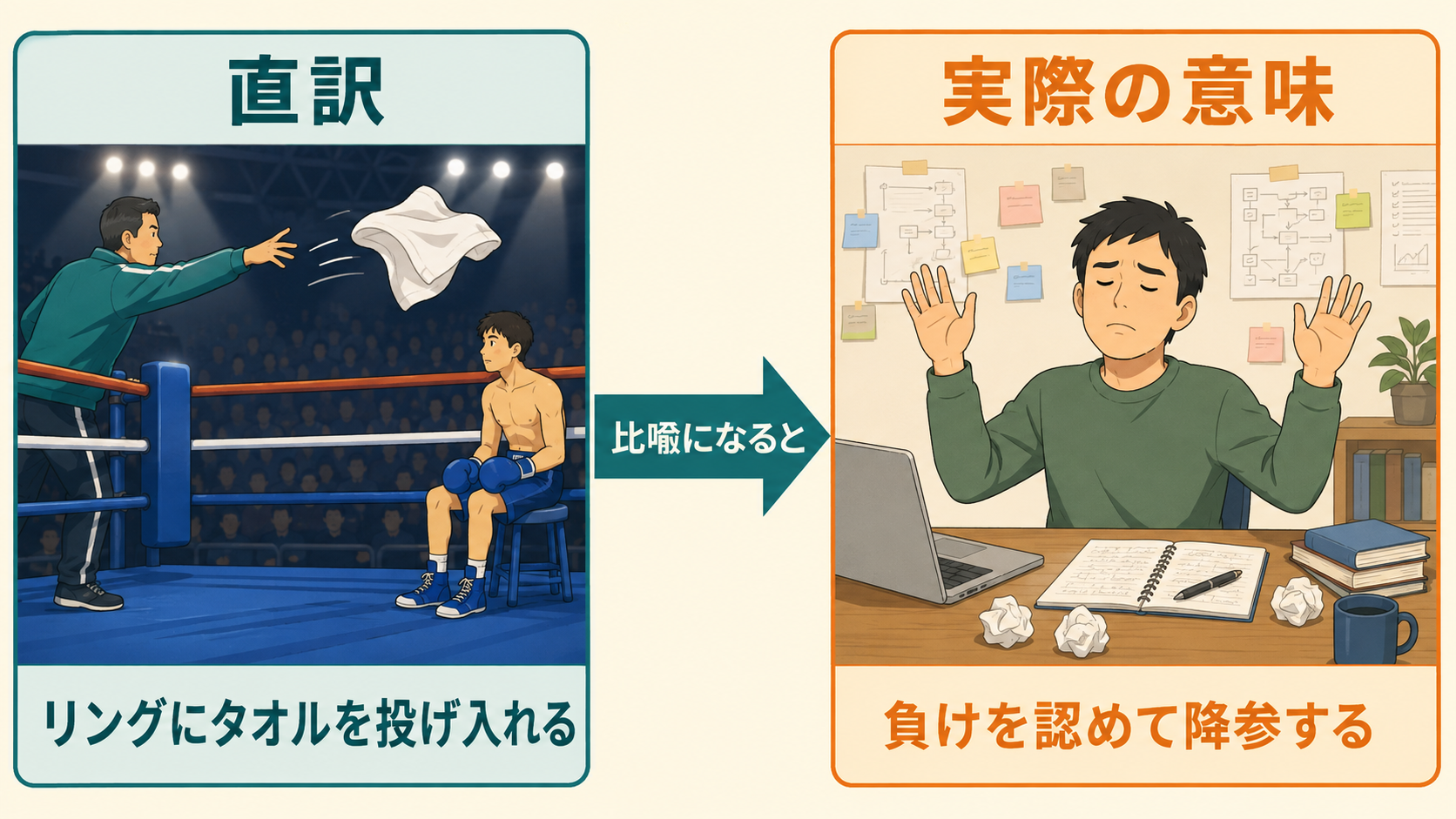 throw in the towelの直訳「リングにタオルを投げ入れる」から「負けを認めて降参する」への意味の変化