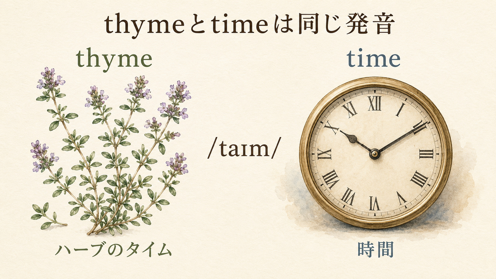 ハーブのthymeと時間のtimeが同じ発音であることを示すイラスト