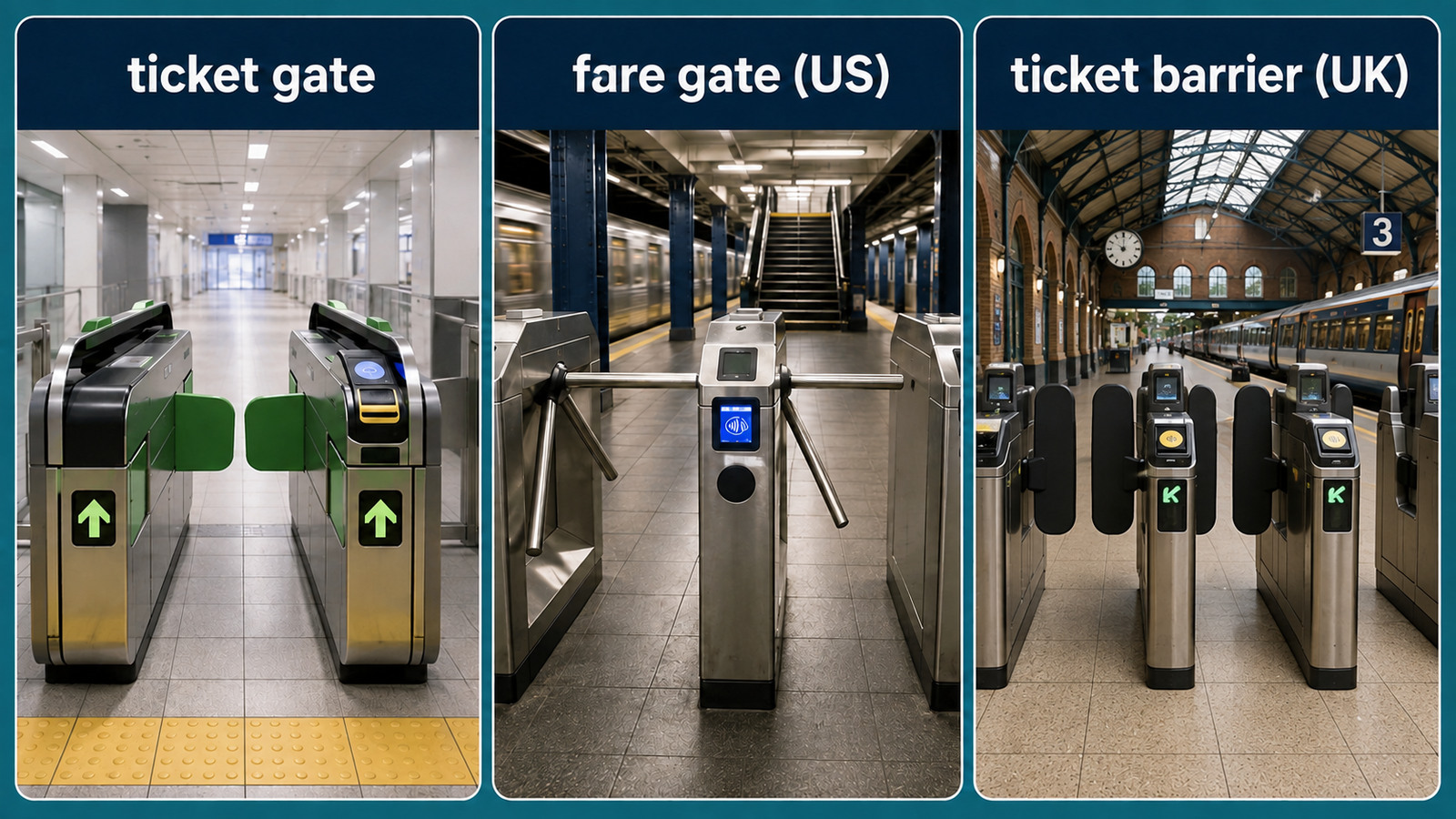 ticket gate・fare gate・ticket barrierの米英差と使い分けを示す駅の改札図解