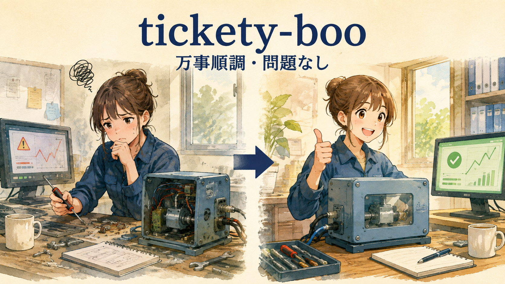 「tickety-boo」の意味・ニュアンス・使い分け図
