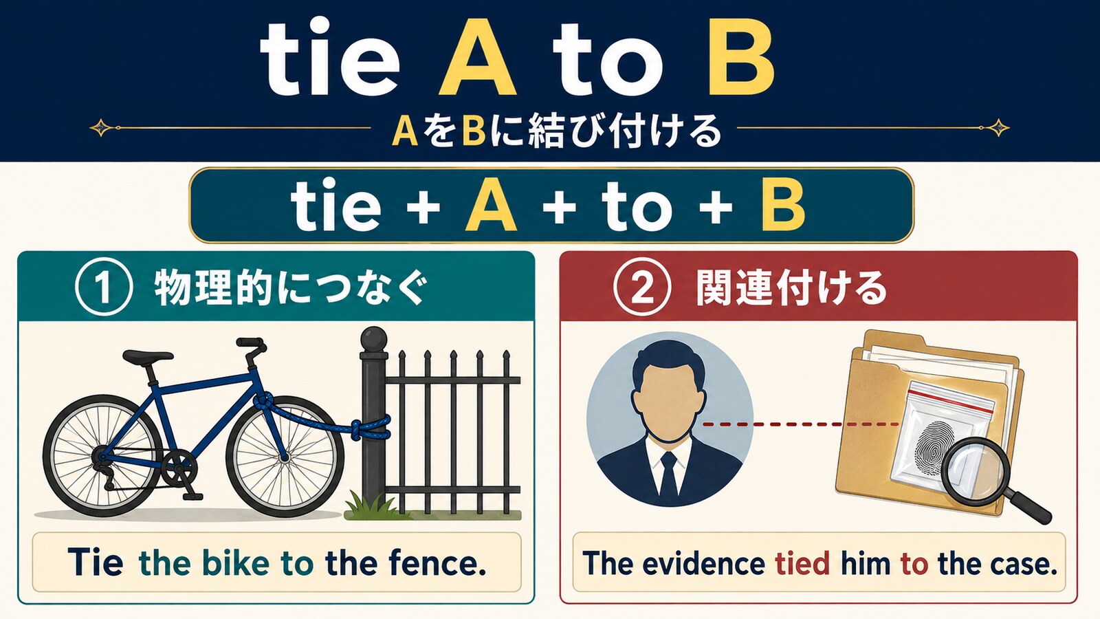 tie A to Bの物理的な接続と関連付けの用法を示す解説イラスト