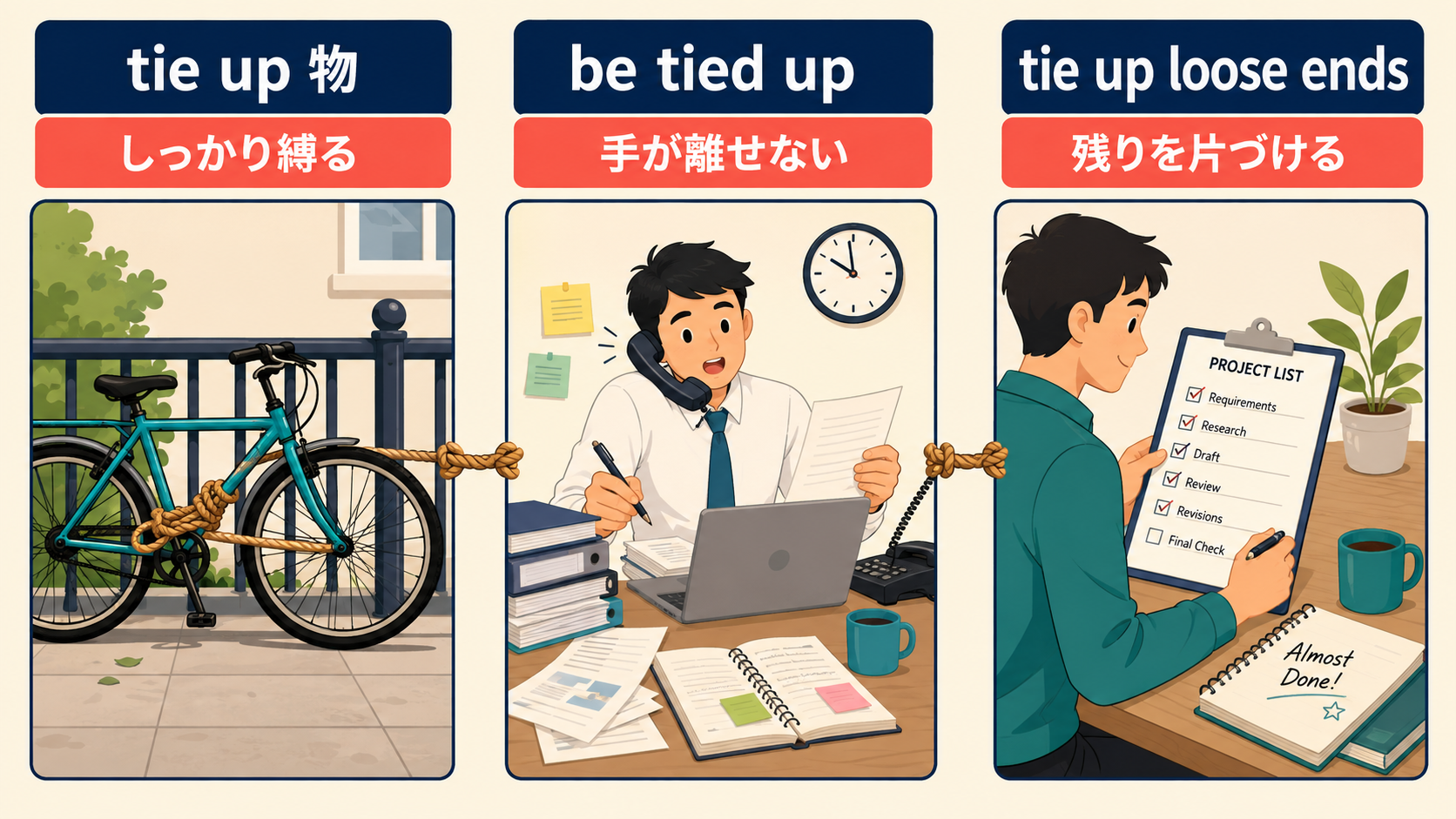 tie upの「縛る」「手が離せない」「残りを片づける」を比較した図