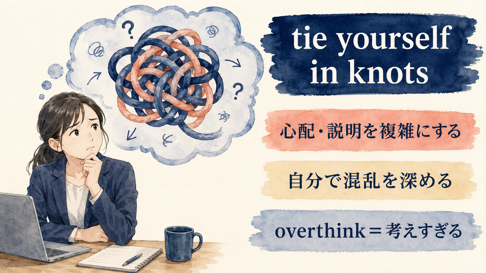 tie yourself in knotsの直訳と実際の意味を比較する本文イラスト
